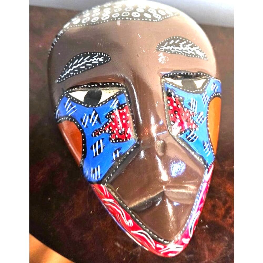Hand-Painted Clay Mask Dresser Box 5x3 Inches Top and Bottom Décor 1 Pound